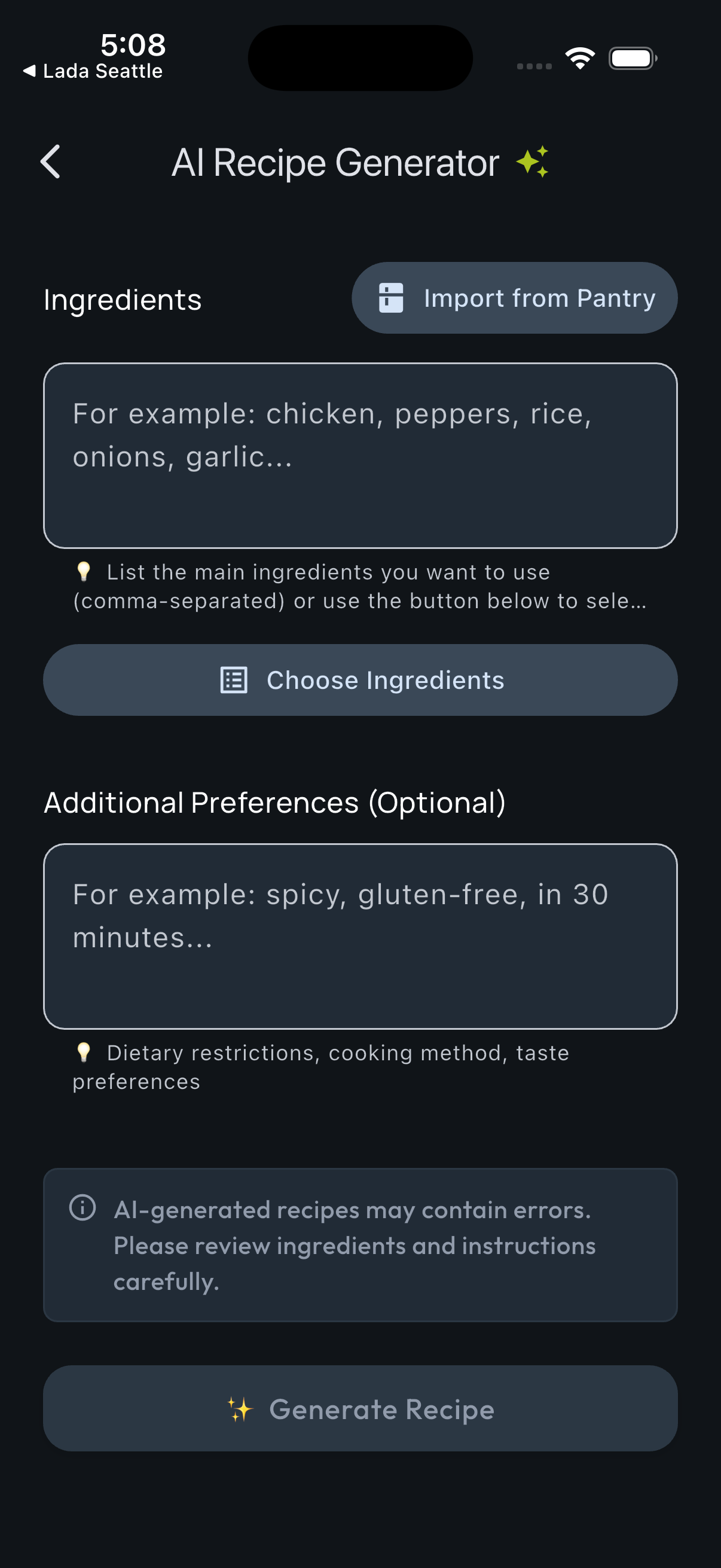 AI Recipe Generator (Dark)